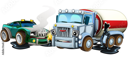 cartoon scene with two cars crashing in accident sports car and construction site cistern isolated illustration for children