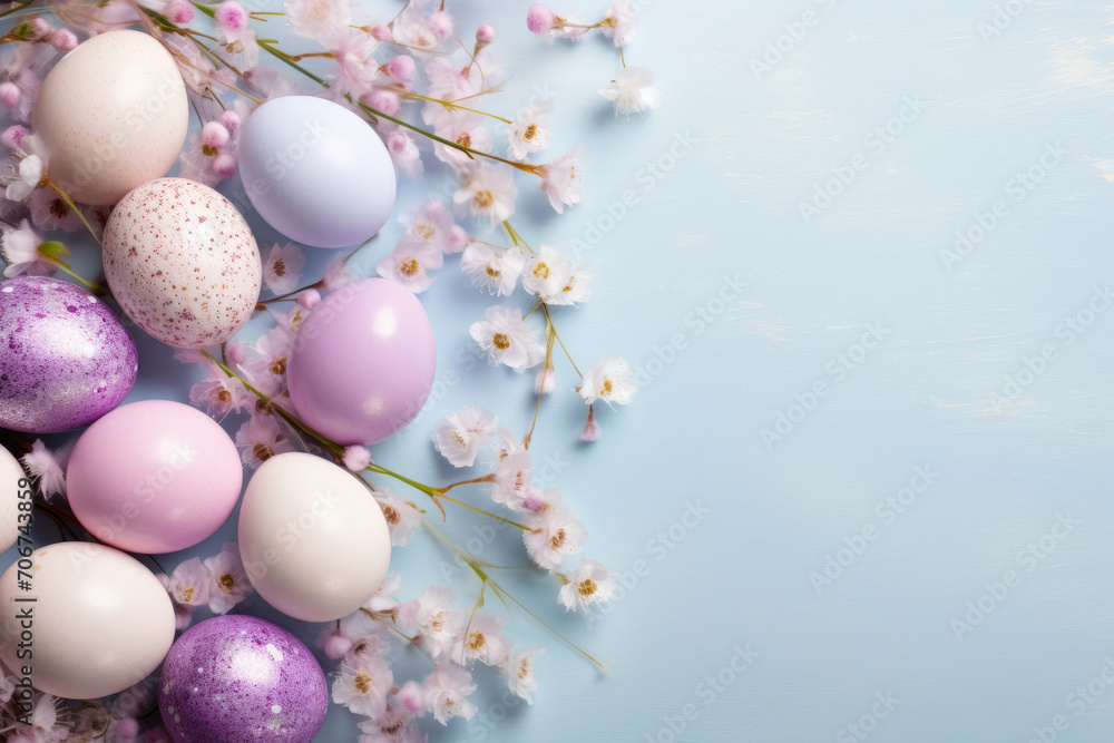 Easter eggs and gypsophila flowers, neatly arranged on a blue pastel background, copy space