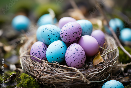 A nest filled with a stunning array of blue and purple Easter eggs, creating a visually captivating scene.