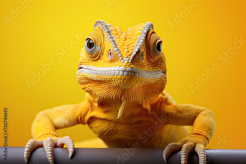 Bright yellow chameleon on a yellow background. Generated by artificial intelligence photo