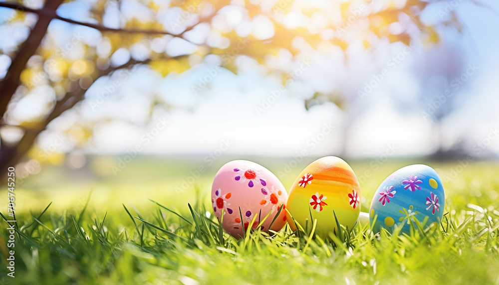 Easter eggs in grass. Three painted easter eggs celebrate Easter eggs in grass. Three painted easter eggs celebrate