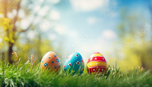 Easter eggs in grass. Three painted easter eggs celebrate