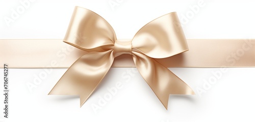A beige velvet ribbon and bow, classic and understated, isolated on solid white background,