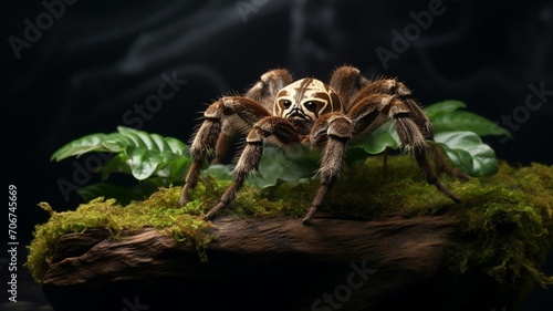 A tarantula perched on a leaf, showcasing the contrast between its hairy body and the smooth surface -Generative Ai