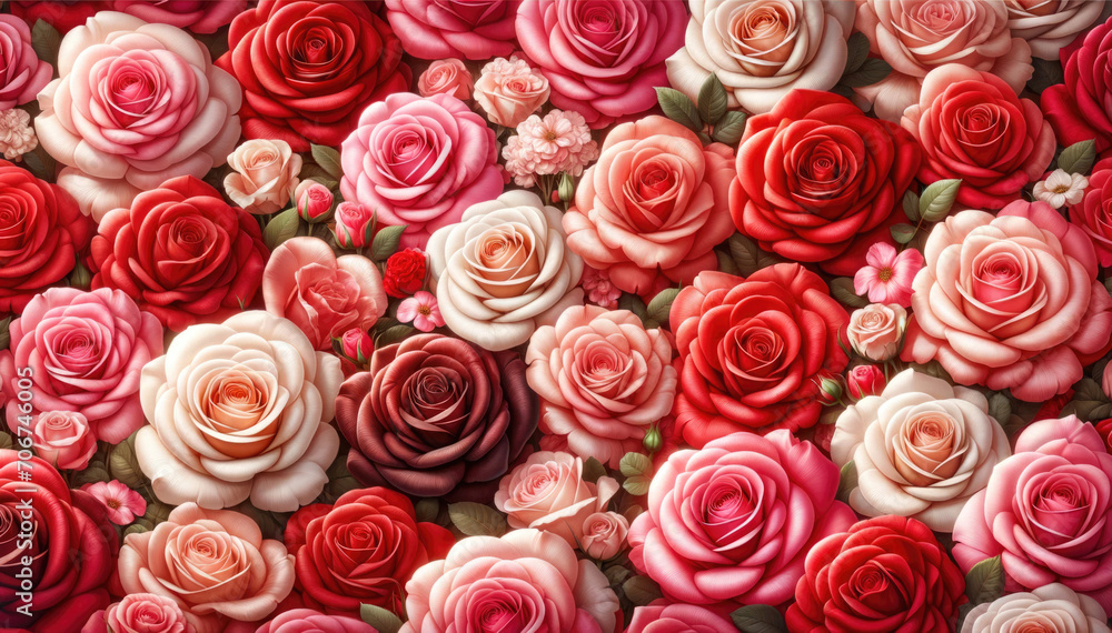 A close-up view of roses in various shades of red, pink, and white. Generative ai.