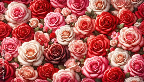 A close-up view of roses in various shades of red, pink, and white. Generative ai.