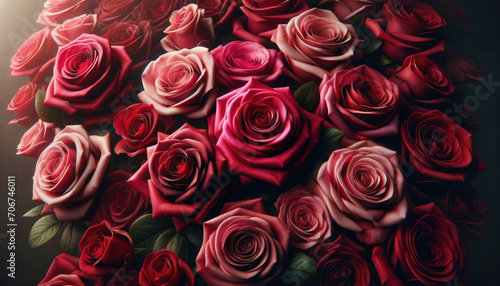 Beautiful red and pink roses in a bouquet on a light background. Generative ai.