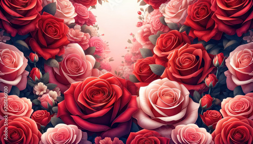 Valentine s day background with red and pink rose flowers. Generative ai.
