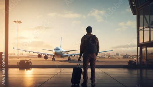 People at the airport. Back view of man watching plane
