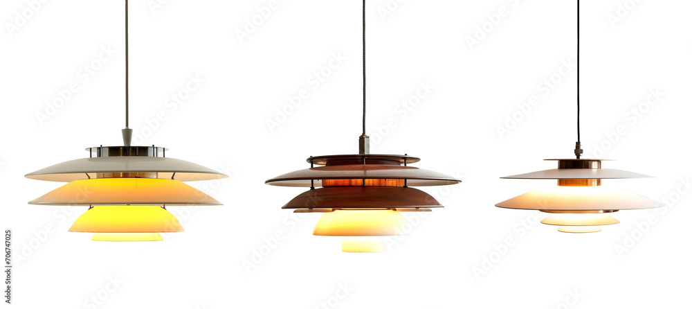 Fototapeta premium Modern decorative pendant lamps made of metal over white transparent background