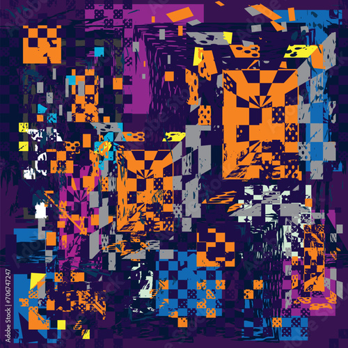 Abstract seamless pattern with grunge geometric elements, brush track silhouette, squares, lines. Multilayer repeated backdrop for boys, sport textile, clothes, wrapping paper. Grunge urban style