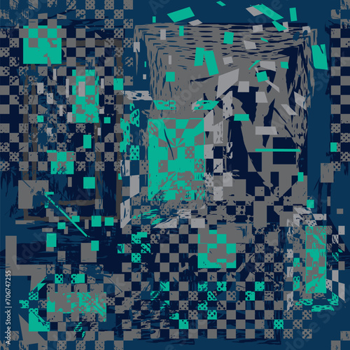 Abstract seamless pattern with grunge geometric elements, brush track silhouette, squares, lines. Multilayer repeated backdrop for boys, sport textile, clothes, wrapping paper. Grunge urban style