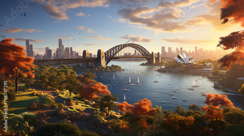 View of an Australian City by the Water during the Golden Hour. Generative AI
