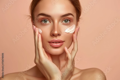 Graceful young woman with a serene gaze  her hands softly applying facial cream  isolated on a soothing background  epitomizing the gentle art of personal grooming and self-care.