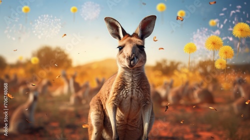 Happy Selebrating the spirit of Australia: a joyful Australia day with flags, kangaroos, and national pride in a festive and patriotic atmosphere. pride, joy, and a sense of unity. photo
