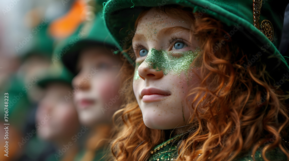A young, red-haired girl adorned with sparkly green face paint and festive attire participates in a Saint Patricks Day celebration among a group of similarly dressed individuals A young, red-haired girl adorned with sparkly green face paint and festive attire participates in a Saint Patricks Day celebration among a group of similarly dressed individuals