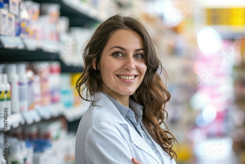 Portrait of a female pharmacist with a friendly smile, her presence in the drugstore radiating competence and readiness to assist, looking directly at the camera with confidence.