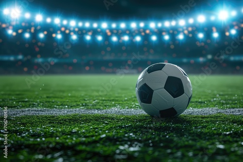 Soccer ball in sharp focus on the green pitch, with the blurred backdrop of a packed stadium and glowing spotlights, a symbol of the art and power in football at evening time.