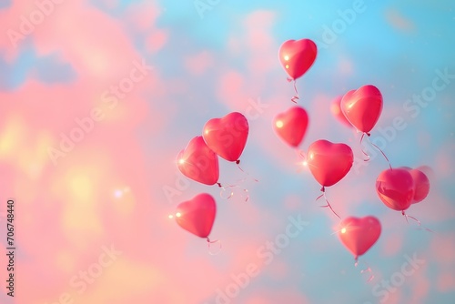 Soft-focus background of Valentine s Day heart-shaped balloons floating against a pastel sky  creating a dreamy and whimsical atmosphere of love