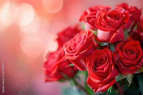 Soft-focus Valentine s Day background with a bouquet of vibrant red roses  their beauty and fragrance suggested in a blurred  romantic haze