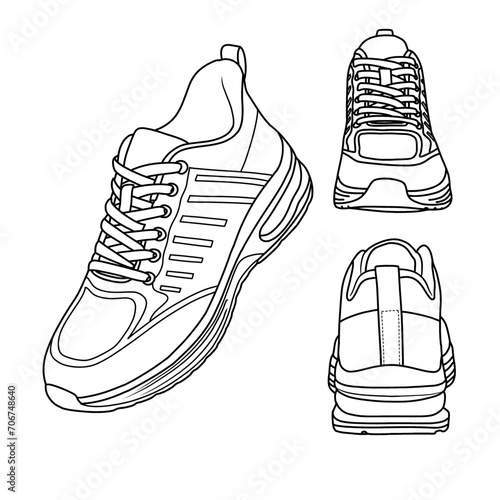 Vector Illustration Men's  Running Walking Shoe hand drawn line art sketch, doodle vector sketch illustration,isometric, front and rear view, suitable for your sneakers shoes, isolated on white backgr