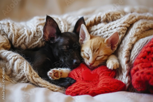 A kitten and a puppy sleep together under a knitted blanket  with a red woolen heart. Valentine s Day