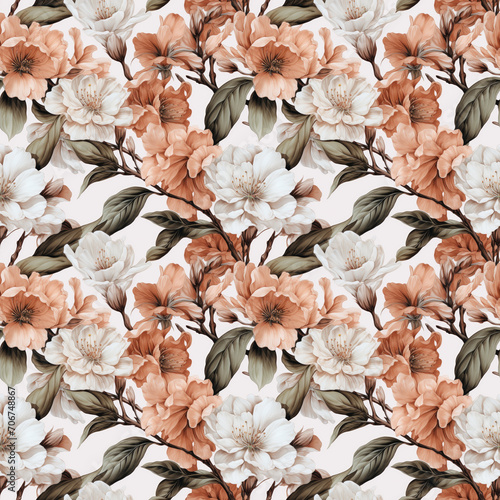 Illustrated Vintage Tan and White Cherry Blossoms Seamless Pattern