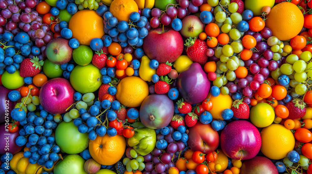 Vibrant collection of fresh fruits displayed in a rainbow gradient Vibrant collection of fresh fruits displayed in a rainbow gradient