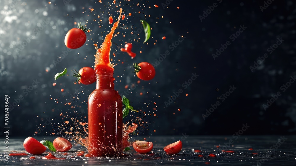 Ketchup or tomato sauce falling from bottle over dark background - obrazy, fototapety, plakaty 