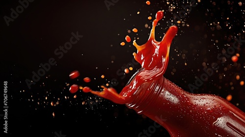 Ketchup or tomato sauce falling from bottle over dark background