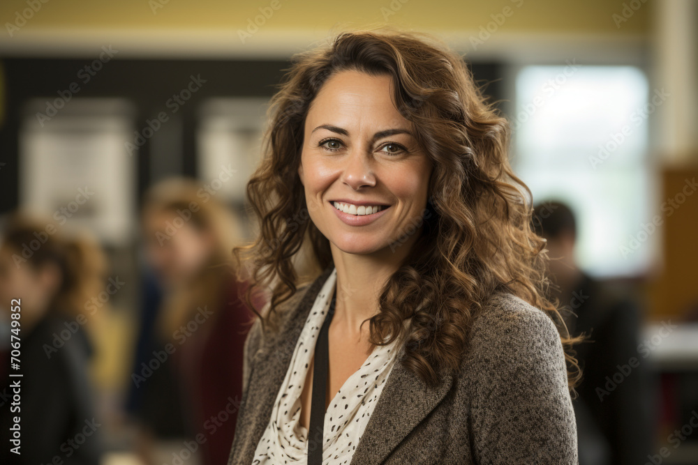 Fototapeta premium Beautiful, pretty, cute, happy, smiling teacher tutor female with glasses on classroom, school, university, library. back to school, knowledge, working, education, book.