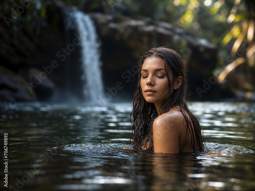 Young beautiful woman with long wet hair and eyes closed, standing in a river in front of a waterfall.