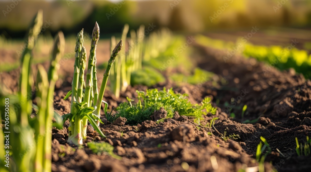 Rows of young asparagus plants growing in a sunlit agricultural field. Rows of young asparagus plants growing in a sunlit agricultural field.