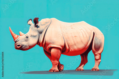 Generative AI illustration of whimsical illustration of a rhinoceros with a pink horn and skin set against a teal background photo