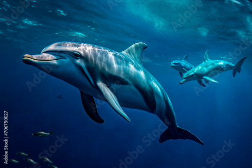 Generative AI illustration of two dolphins gliding gracefully underwater with sunlight filtering through the surface of the ocean photo