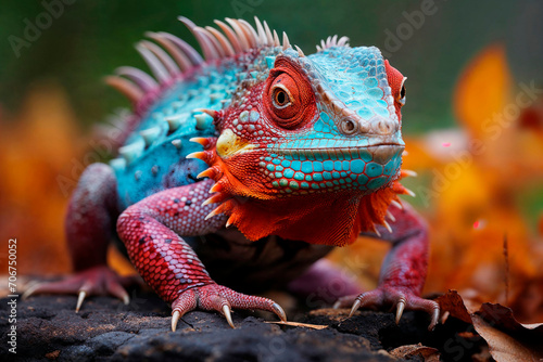 Generative AI illustration of vibrant red and blue iguana with intricate scales and spines posing on a log with autumn leaves in the background photo