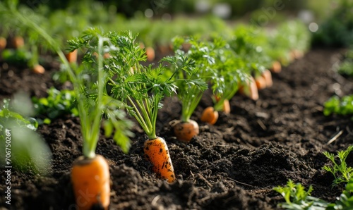 Fresh carrots with green leaves sprouting from the soil in a farm field.