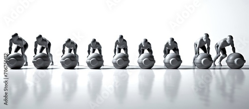 Group, workout and dumbbell push up at gym for muscle, power or strength. Teamwork, sports or energy of people, athletes or bodybuilder friends exercise or training at fitness center for healthcare. photo