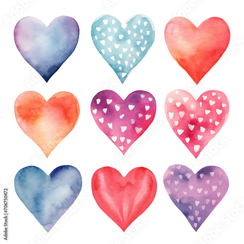 Valentine's day clipart set. Romantic waterolor hearts with vintage patterns. Isolated on transparent background. Generative AI. 