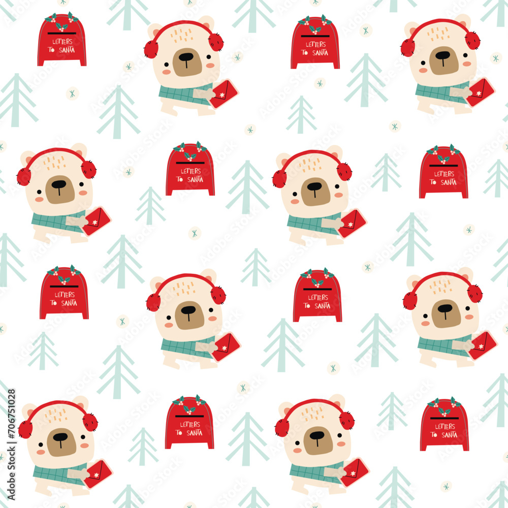 Fototapeta premium Cute bear cartoon and seamless pattern for kids apparel, wrapping paper, fabric, and textile. Vector illustration. 
