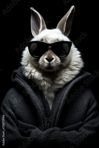 Easter cyberpunk Rabbit with sunglasses and sweater isolated on black background. Holiday fashion scene
