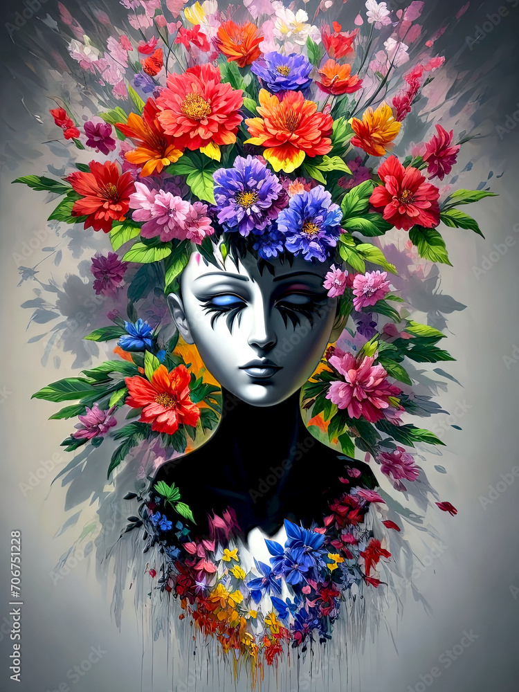 Colorful Ultra Modern Dramatic Face Effect Oil Painting, Special 3D Style, Floral Arrangement, created with Generative AI technology