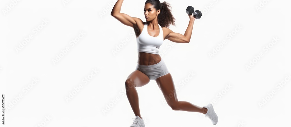 Fitness, squat or woman with dumbbells training, exercise or workout for powerful arms or muscles in gym.Sporty woman training with dumbbells, pumping up muscles of hands and legs