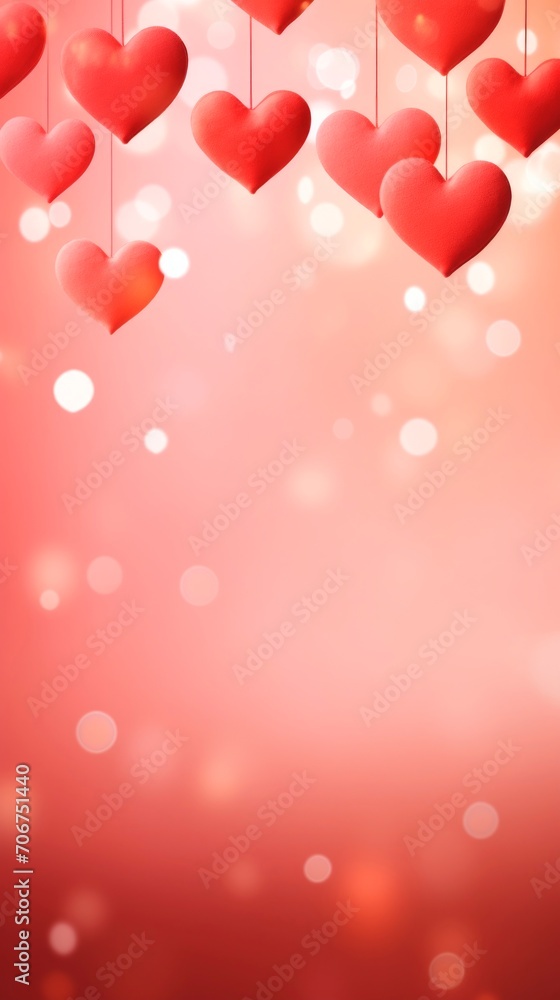 Red Hearts on a Light bokeh Background. Ideal for Valentines Day or Romantic Occasions. With copy space. Vertical format.