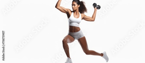 Fitness, squat or woman with dumbbells training, exercise or workout for powerful arms or muscles in gym.Sporty woman training with dumbbells, pumping up muscles of hands and legs