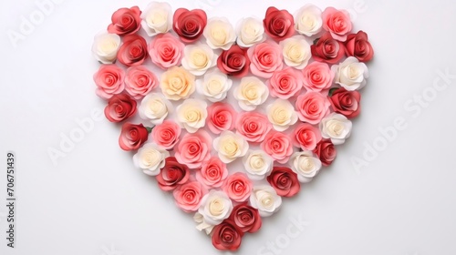 Floral Heart. Pink, red and white roses arranged in a heart shape on a white background. Ideal for Valentines Day, anniversaries, or romantic occasions.