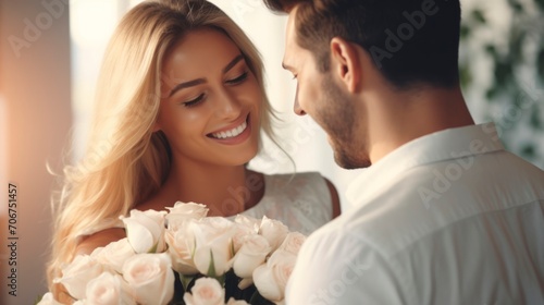 A man in love gives a smiling blonde woman a bouquet of white roses. Happy couple. Romantic moment. Ideal for love, relationships, and Valentines celebrations.