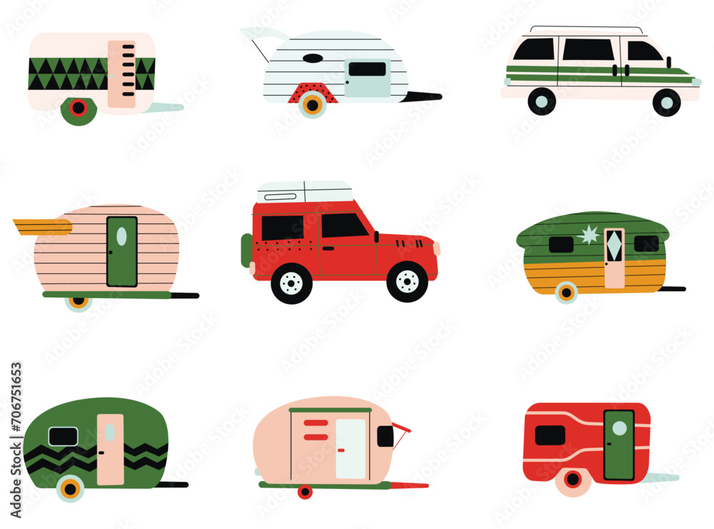 Collection different camping caravan transportation vector flat illustration. Travel car for outdoor summer active leisure isolated. RV camper, motorhome, van, camp trailer, automobile