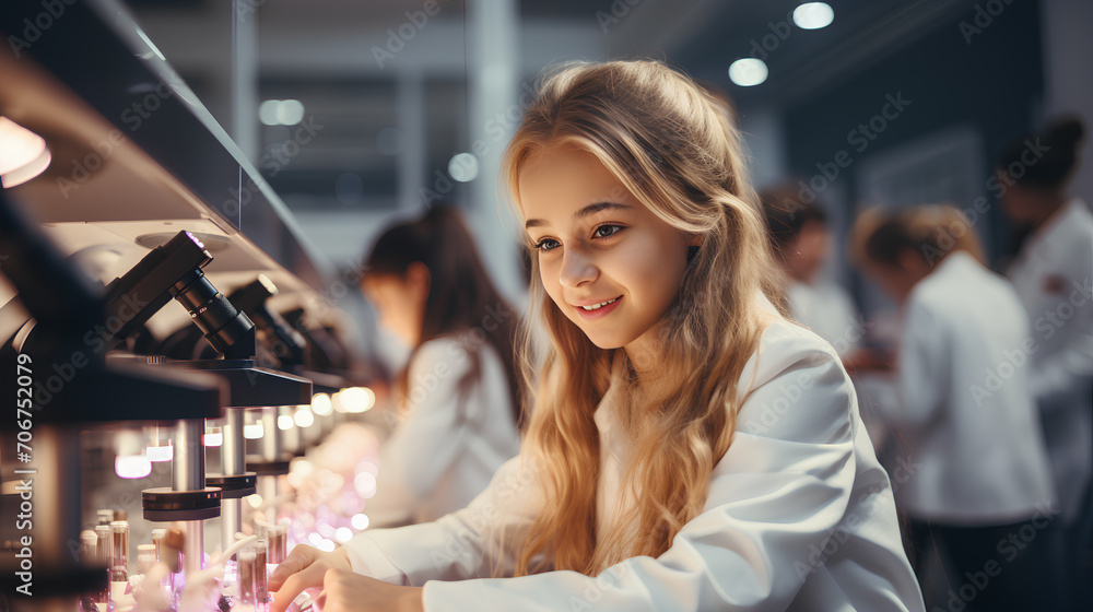 A young girl in a lab coat - Education and science concept A young girl in a lab coat - Education and science concept