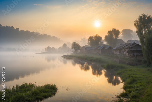 Morning sunrise in the lakeside village shrouded in a thin mist